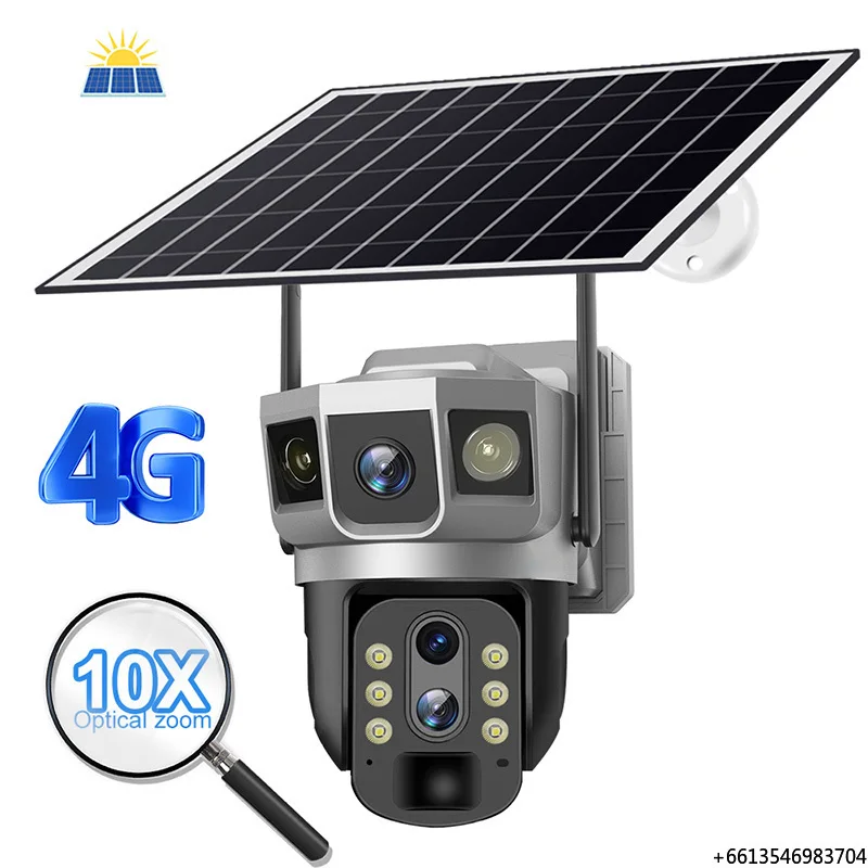 PTZ Camera 3 Lens Solar Surveillance Camera Wireless WiFi Two Way Audio Auto Tracking 4G Sim Card CCTV Camera with Cloud Storage