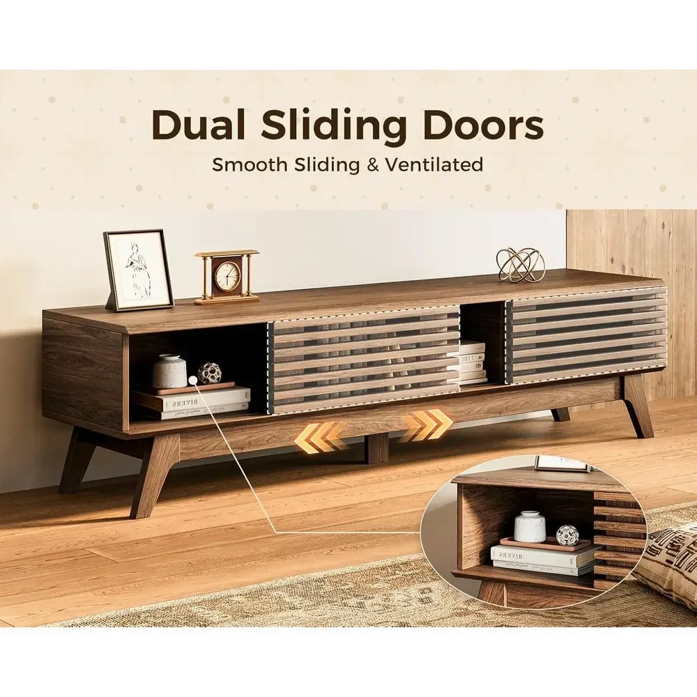 

55-65 Inch Walnut Entertainment Console, Sliding Doors Design with Storage Cabinet & Media Storage Shelf