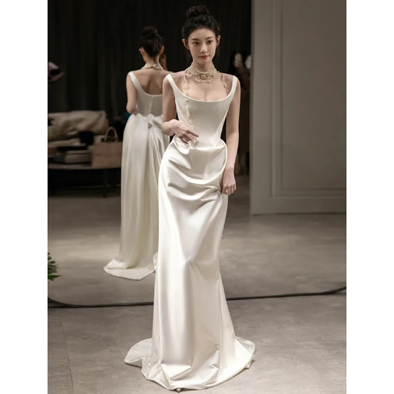 

Легкое шелковое атласное свадебное платье: простота и элегантность, наряд для гостей, вечернее платье-русалка, свадебное платье для молодых женщин