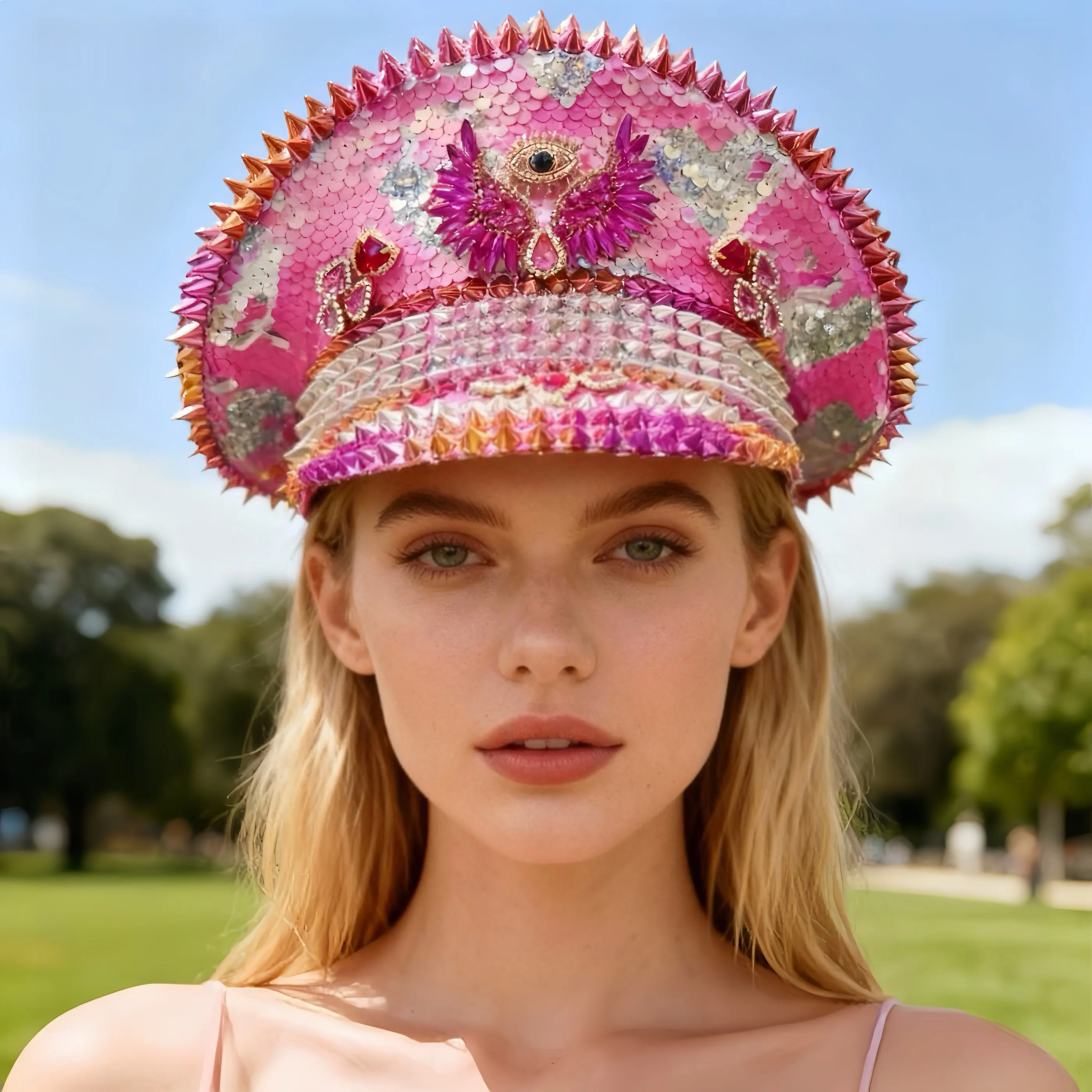HongLuan Pink Wing Steampunk Captain Hat Rhinestone for Burning Man Festival Woman, Vintage Military Accessories & Cap for Man