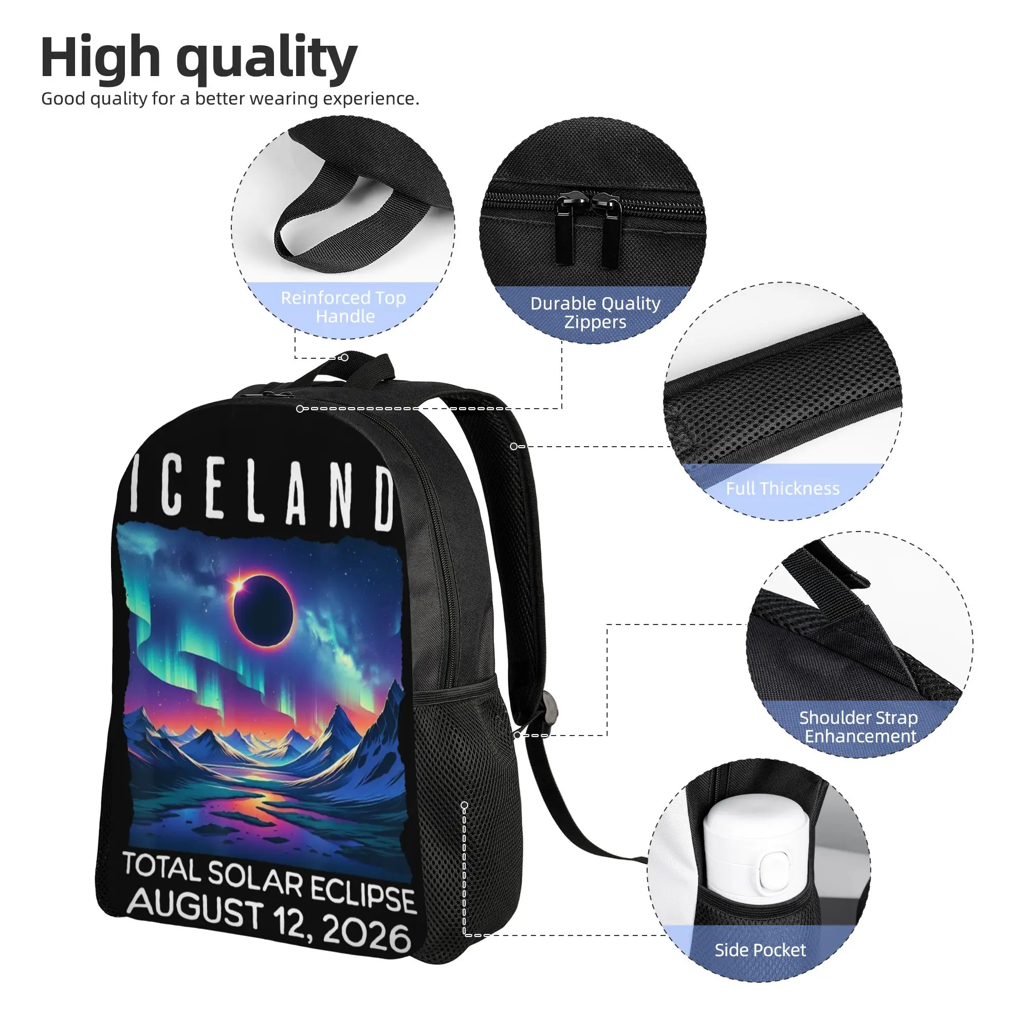 Iceland Eclipse 2026 August 12 Total Solar Eclipse Backpack with Pocket High School  Daypack for Men Women Laptop Shoulder Bag