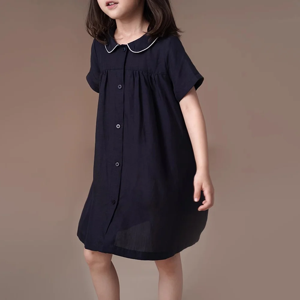 Teens Girls Summer Short Sleeve A Line Dress Elegant Black Princess Vintage Dress for Girls Turn Down Collar Button Shirt Dress