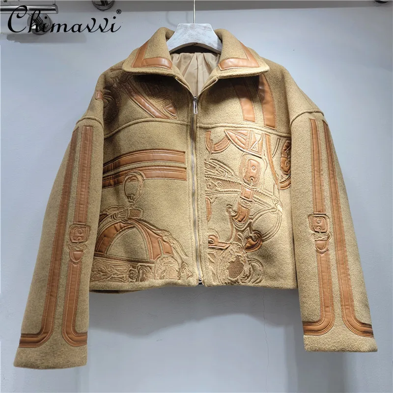 

Autumn and Winter New Women Short Woolen Jacket Heavy Embroidery Patchwork Contrast Color Zipper Streetwear Trendy Coat