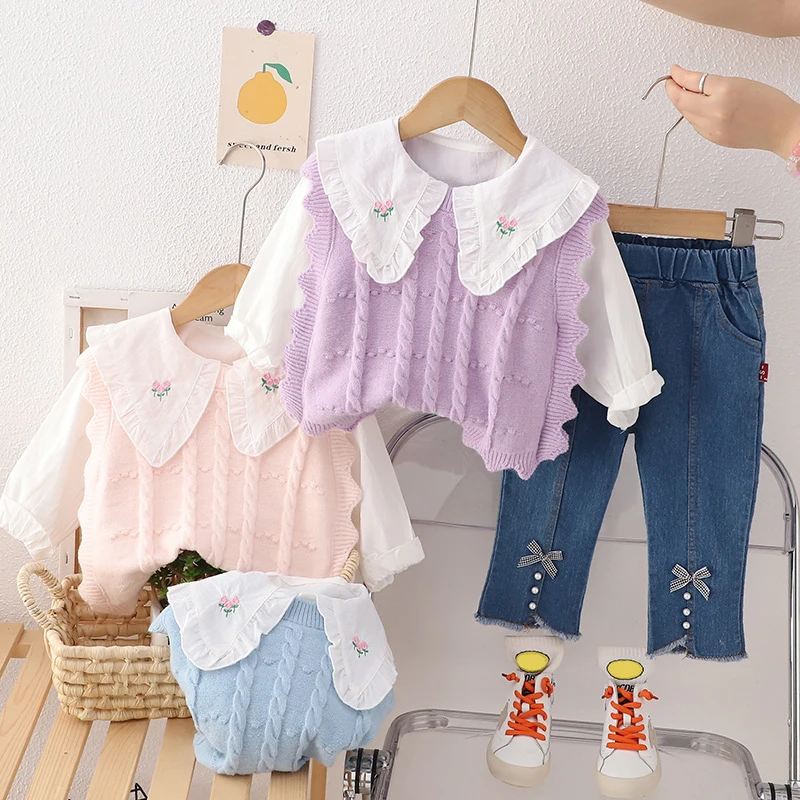 Autumn Baby Girls Knitted Vest Floral Lace Shirt Jeans Children Clothing Sets Kids Tracksuit Infant Princess Clothes Outfits