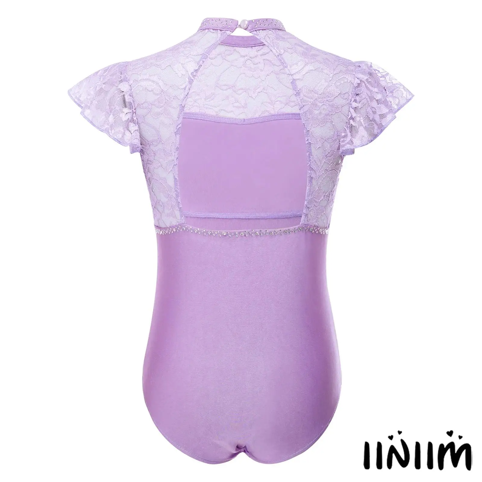 

Shiny Rhinestone Latin Dance Bodysuit for Kids Girls Lace Patchwork Ruffled Sleeve Cutout Back Press Button Crotch Ballet Leotad