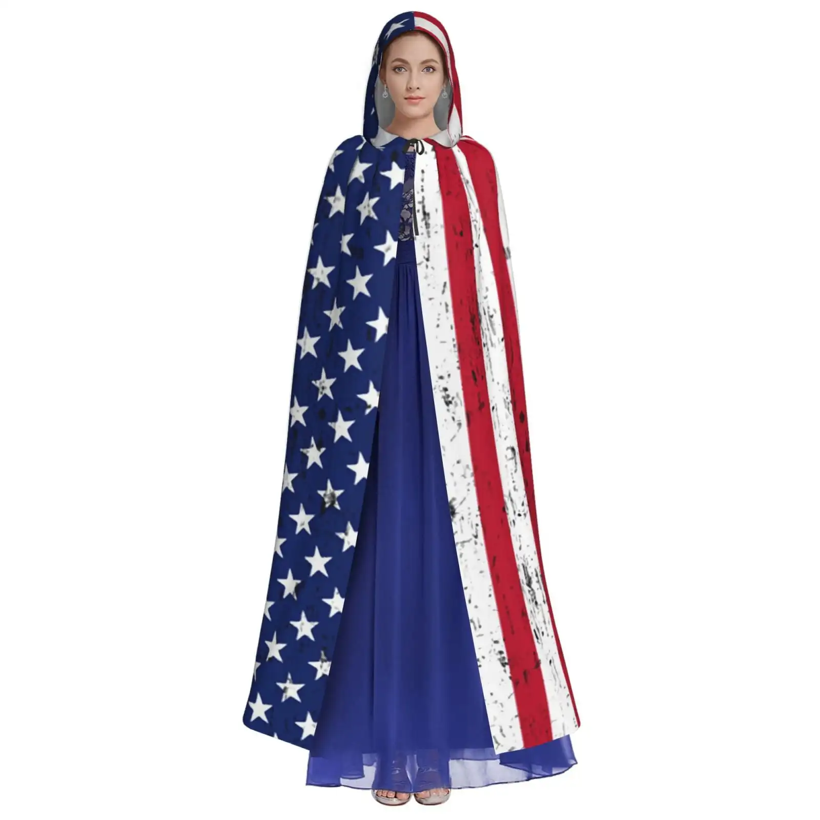 Unisex Hooded Cloak Adult Lightweight Overcoat American Flag Stars Stripes Cloak For Halloween Cosplay Costumes