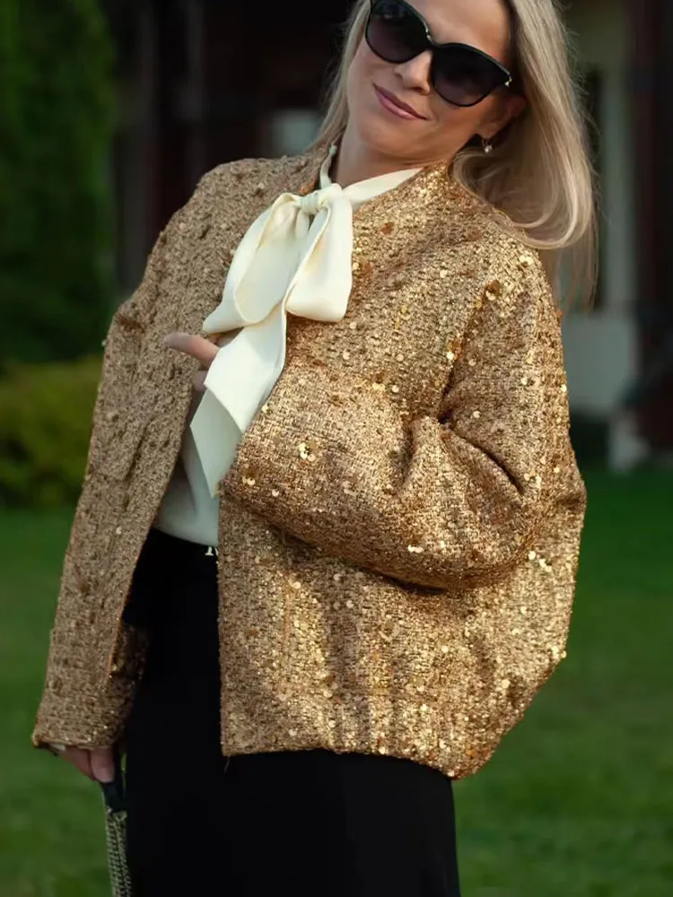 

2024, женское модное золотое пальто с большими блестками и воротником-стойкой, винтажная укороченная куртка со свободными карманами, женская уличная верхняя одежда