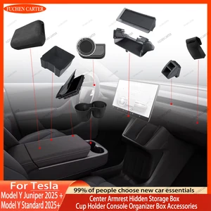 For Tesla Model Y Juniper 2025& Standard 2025+ Console & Armrest Hidden Storage Box Cup Holder Console Organizer Box Accessories