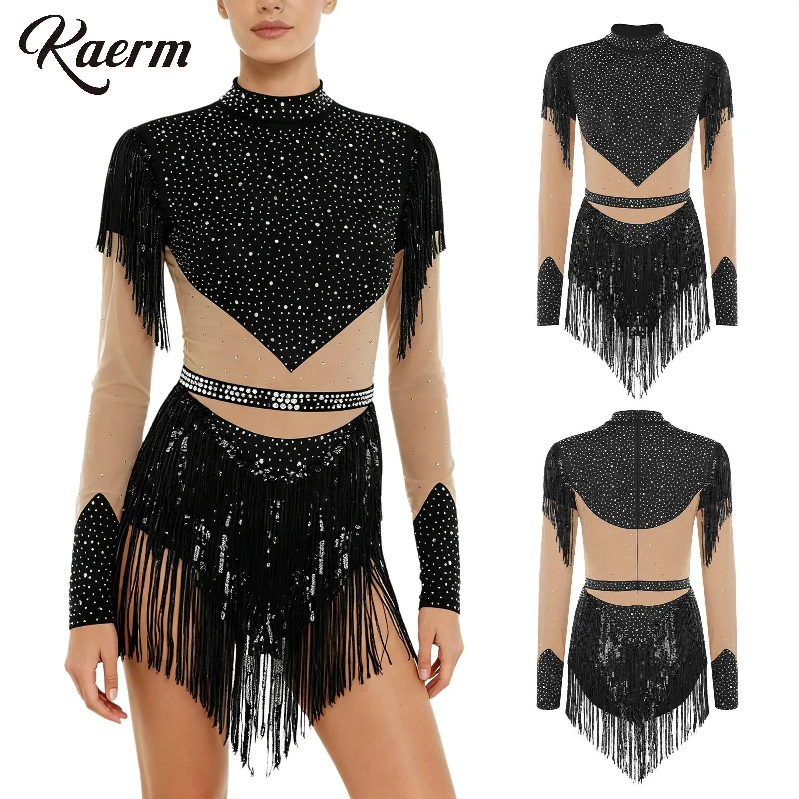 Mulheres patinação artística collant vestido strass ginástica contornado bodysuit com lantejoulas brilhantes borla trajes de manga longa