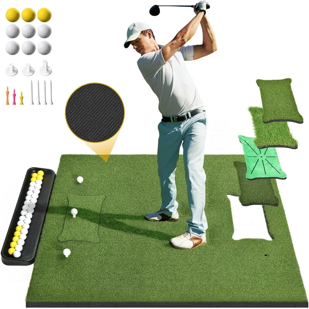 Golf Hitting Mat with 1 Ball Tray, 5×4ft PRO Golf Mat Include 5 Interchangeable Inserts, Golf Mats Practice Outdoor/Indoor.