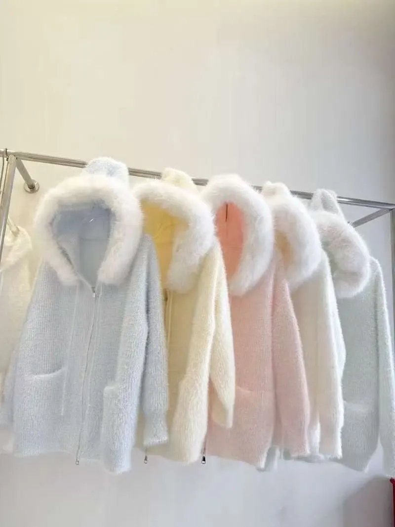 

Gagarich Pure Desire Wind Big Hair Collar Hooded Sweater Jacket Women 2025 Winter New Lazy Warm Knitted Cardigan Top