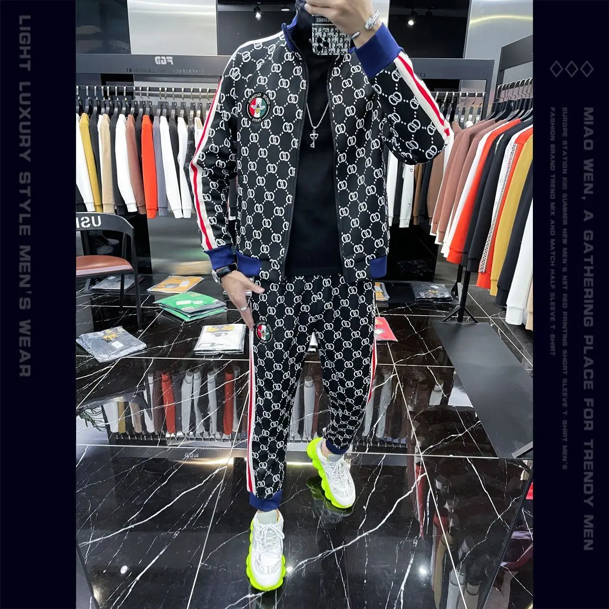 

New spring and summer men's high-end sports and leisure trendy brand suit jacket sweater two-piece set large size men's