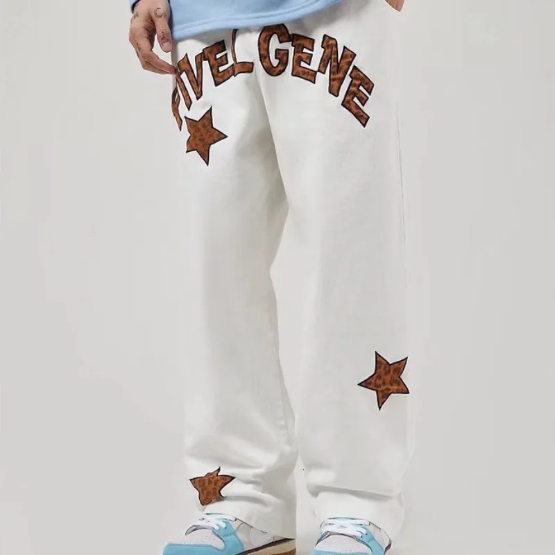 Leopard Letter Star Embroidery Casual Overalls American Street Fashion Men's White Black High Street Straight Pants goth clothes