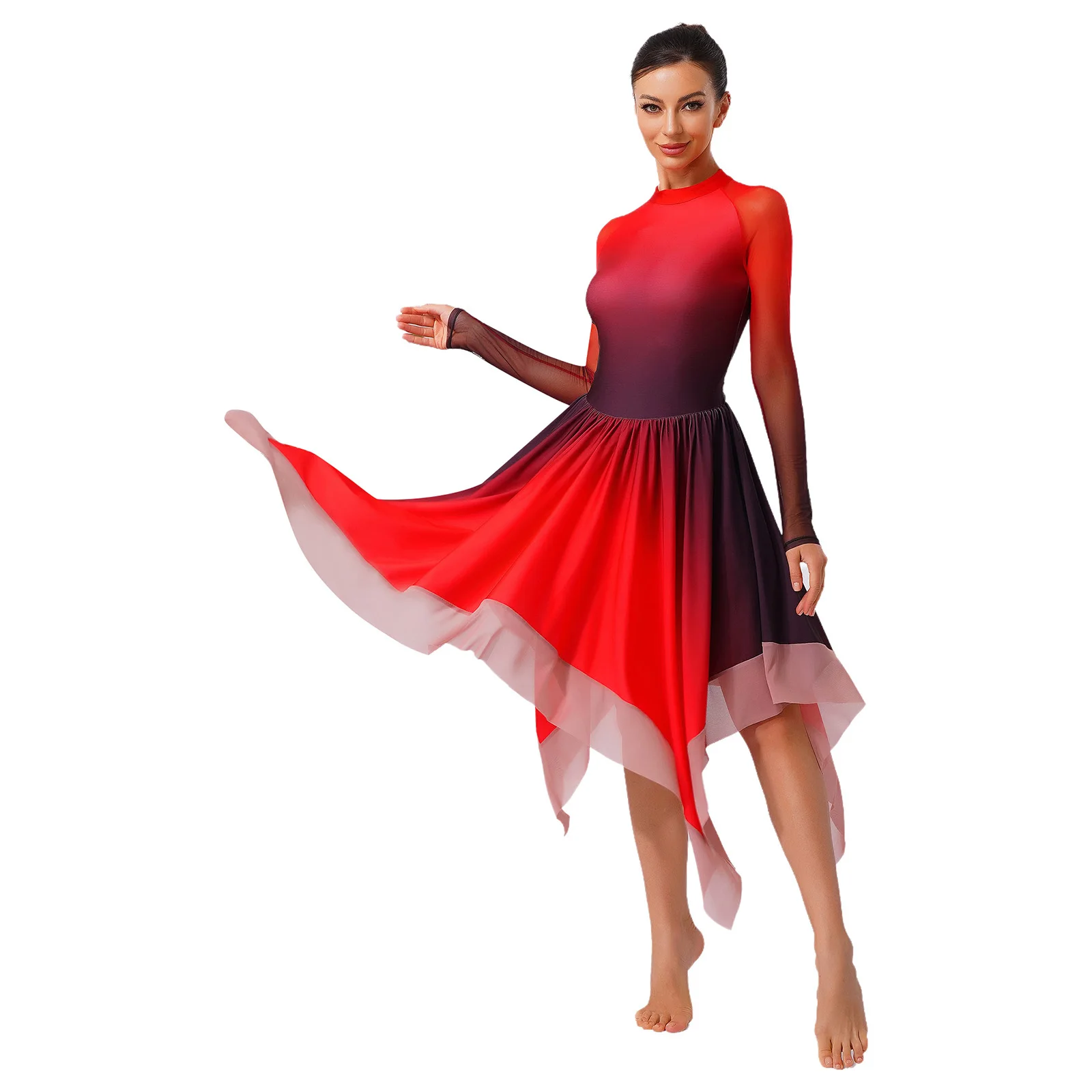 Robe de danse lyrique moderne pour femmes, Costume de spectacle de gymnastique, patinage artistique, maille, manches longues, robes dégradées, justaucorps