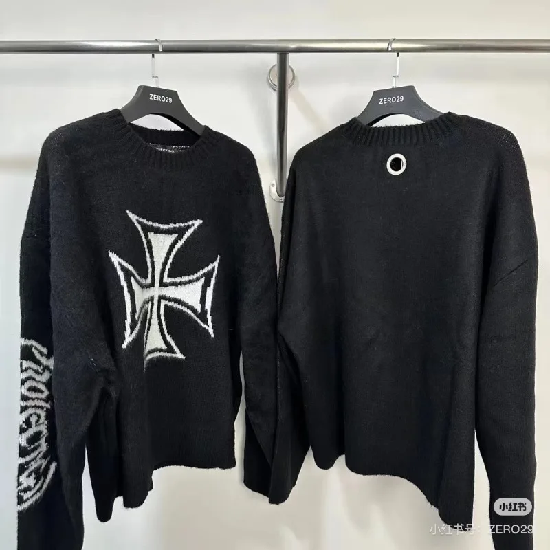 

Проект Американский жаккардовый крест Санскрит с буквами Свободный повседневный вязаный свитер для мужчин и женщин