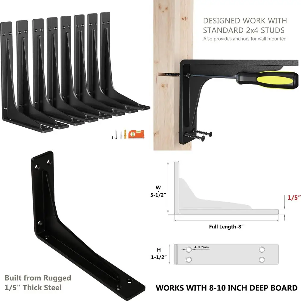 

Heavy-Duty 8 Inch Metal Shelf Brackets for Mantel and Countertop Support, Ideal for Garage Storage Shelves, Premium Strength and