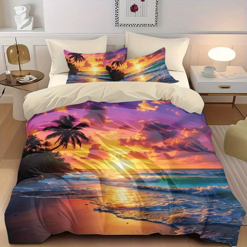 3pcs Sunset Beach. Palm Tree on Sandy Shore Printed Quilt Set- Includes 1 Quilt Cover and 2 Pillow Cover (without Filler)