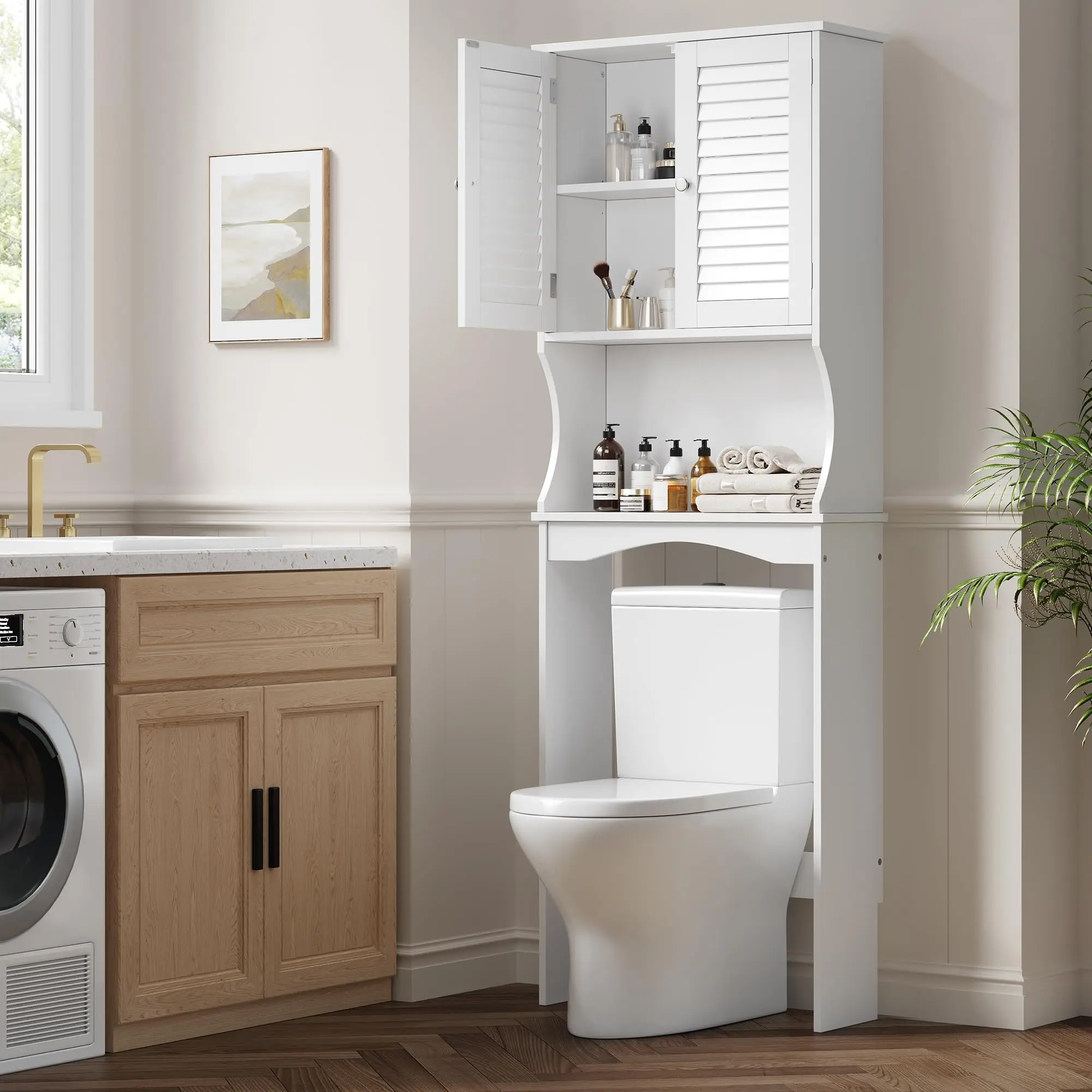 Over The Toilet Storage Cabinet, Space-Saving Bathroom Organizer With Adjustable Shelf & Hooks, Anti-Tip Above Toilet Shelf