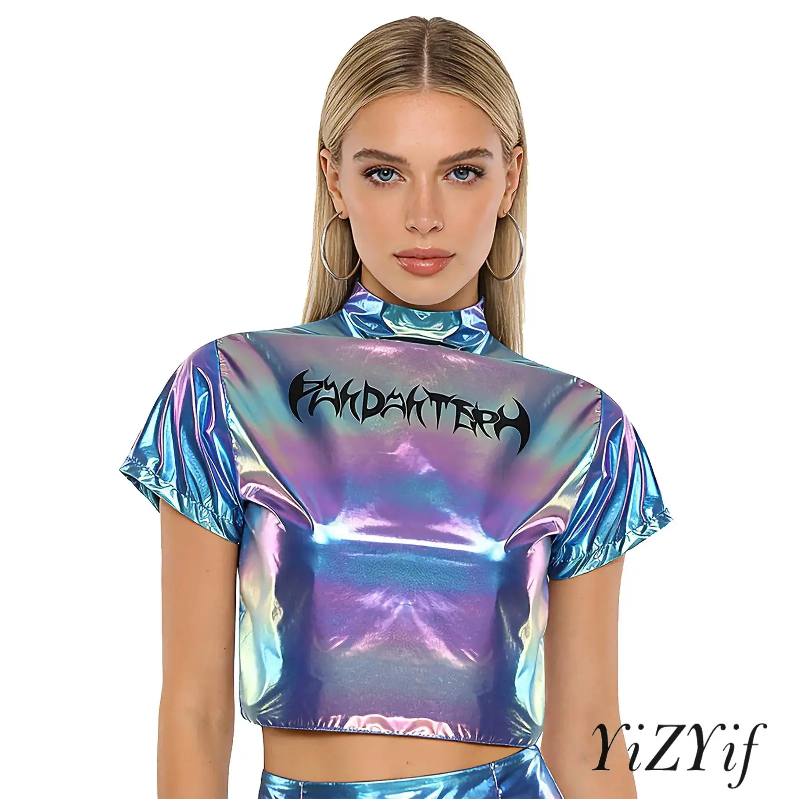 เสื้อครอปแจ๊สสำหรับผู้หญิง ลายพิมพ์สไตล์พังก์เมทัลลิก คอเต่า แขนสั้น ซิปหลัง เสื้อยืดครอปสำหรับการแสดงเต้นแจ๊สบนเวที