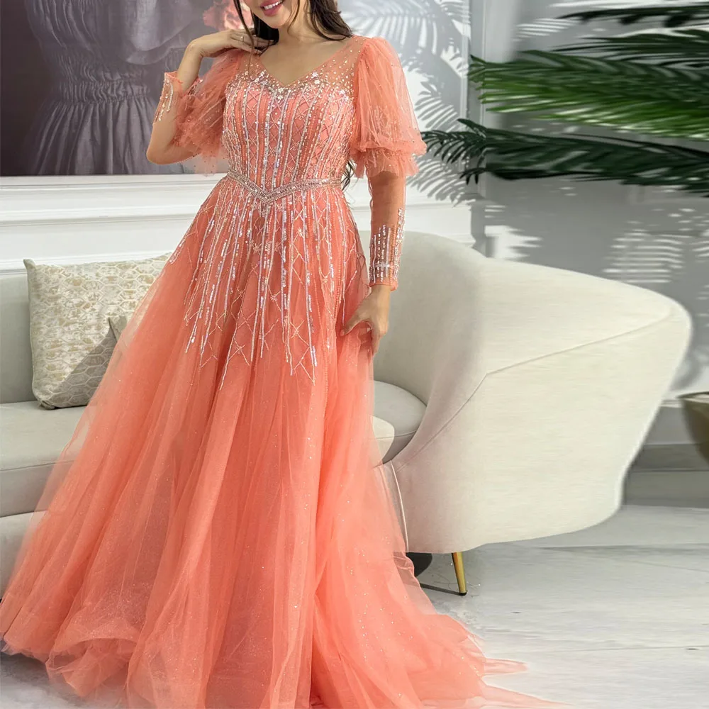 

Customized Beaded Details Wedding Guest Evening Dress V Neck Long Sleeve Prom Gown Shimmering Tulle vestidos de novia