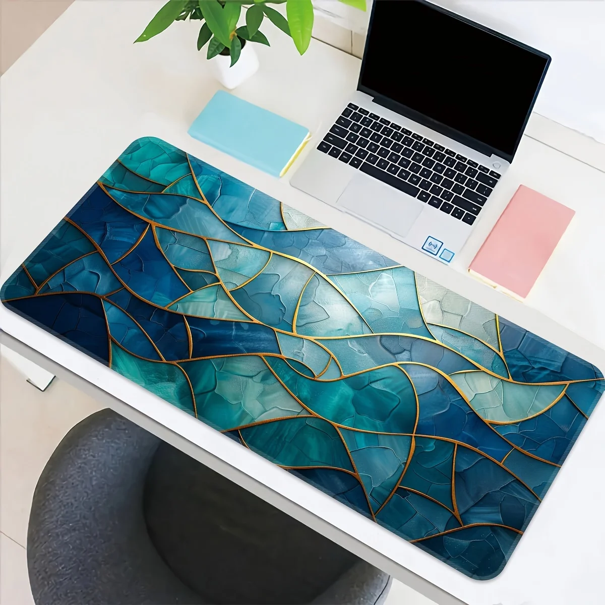 Extra Large Gaming Mouse Pad Blue Glass Design Non-slip Rubber Base 90x40 Mat Precision Stitched Edges Suitable for Daily Office