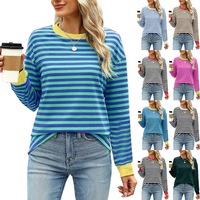 2025 Spring Women's Striped T-shirt Long Sleeve O-neck Color-blocking Fashion Top Versatile College Casual Street Tees