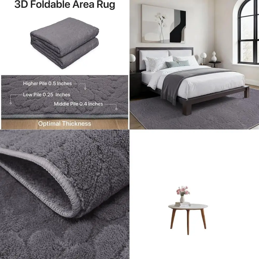 

8x10 Washable 3D Floral Living Room Rug, High-Low Pile Textured, Non-Slip, Non-Shedding, Stain Resistant Grey Carpet for Bedroom