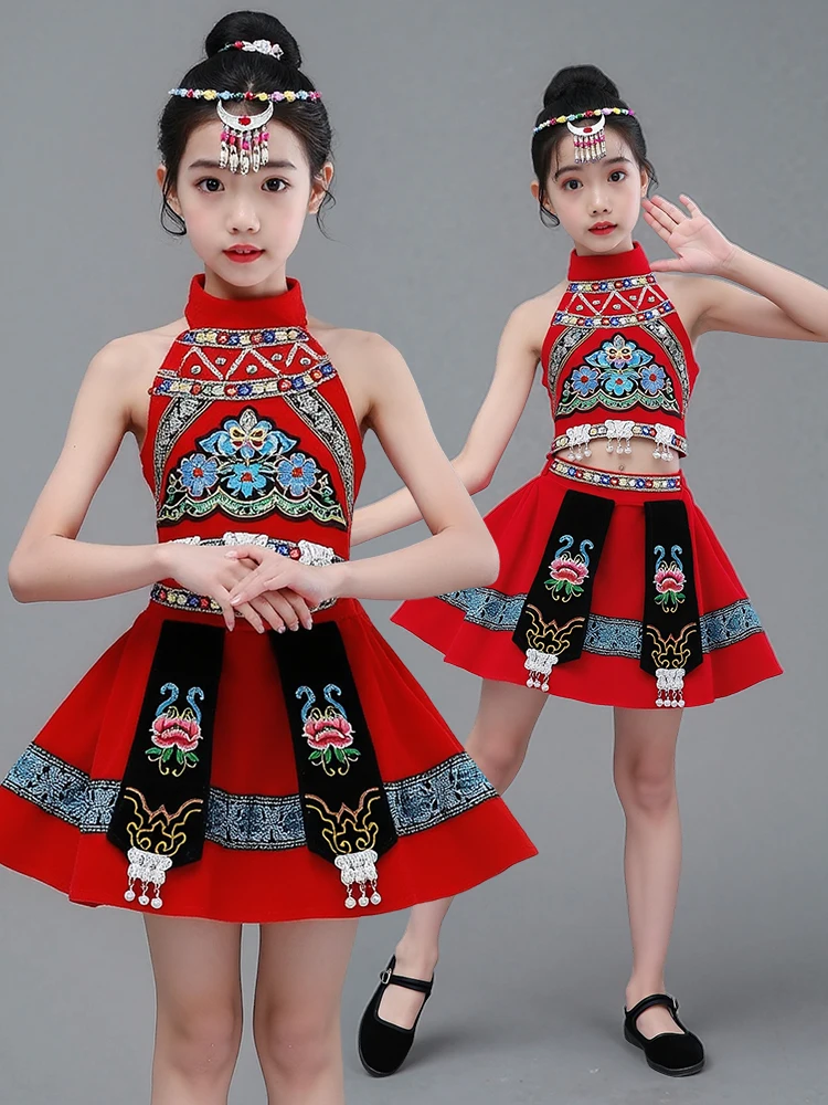 

Детская одежда для этнических меньшинств Hani Baby, костюмы для танцевальных выступлений Naxi, сценические наряды для женских моделей, полиэстер