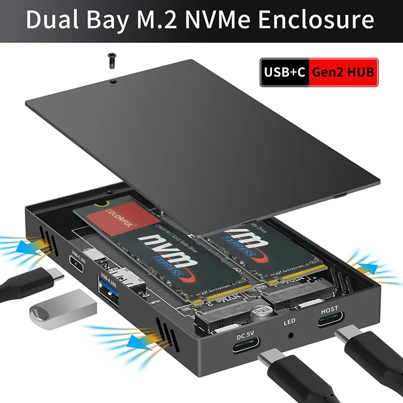 Dual Bay M.2 NVME SSD Enclosure with USB3.2 GEN2 10G + Type C 10Gbps HUB Support Four Hard Disk for 2230 2242 2260 2280 NVME SSD