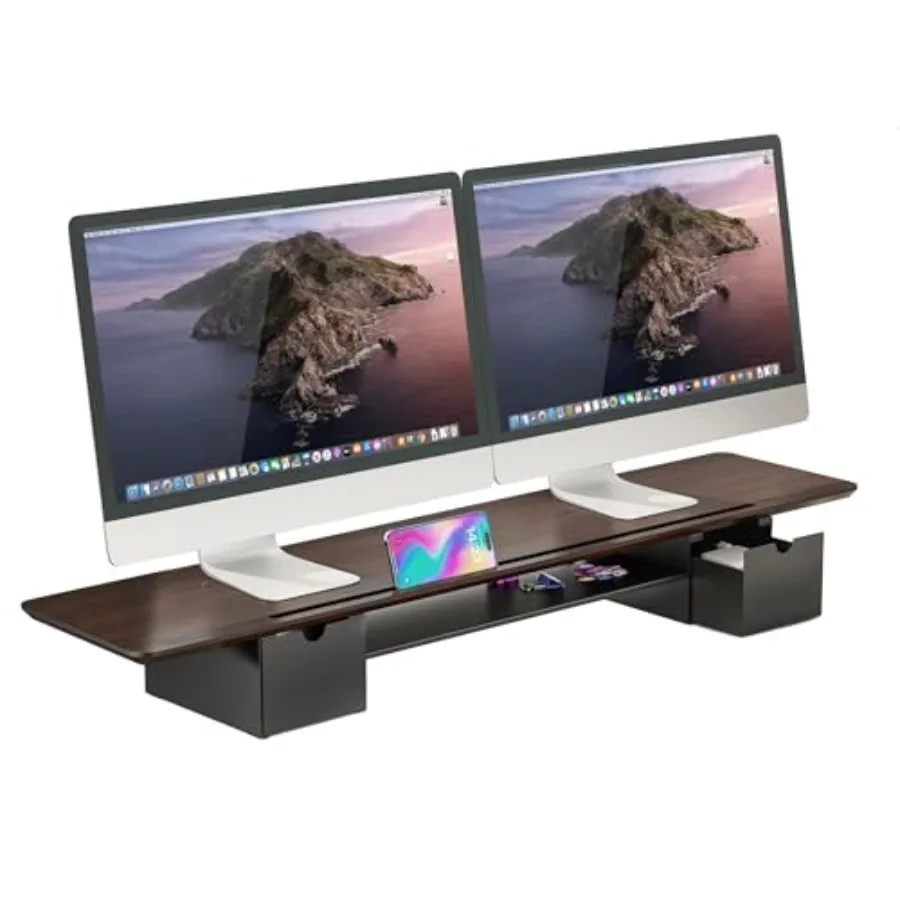 Extra Wide 39 Dual Monitor Stand Riser with 2 Drawers Holds 66 lbs Real Wood Platform Built-In Device Slot Removable Shelf Home