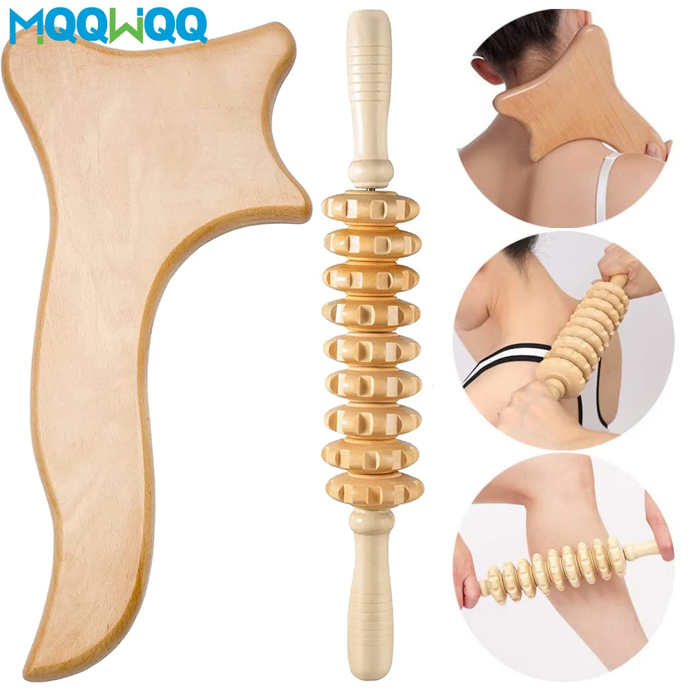 Wooden Gua Sha Board Wood Massage Roller Stick Body Sculpting Lymphatic Drainage Massager for Release Cellulite Sore Muscle