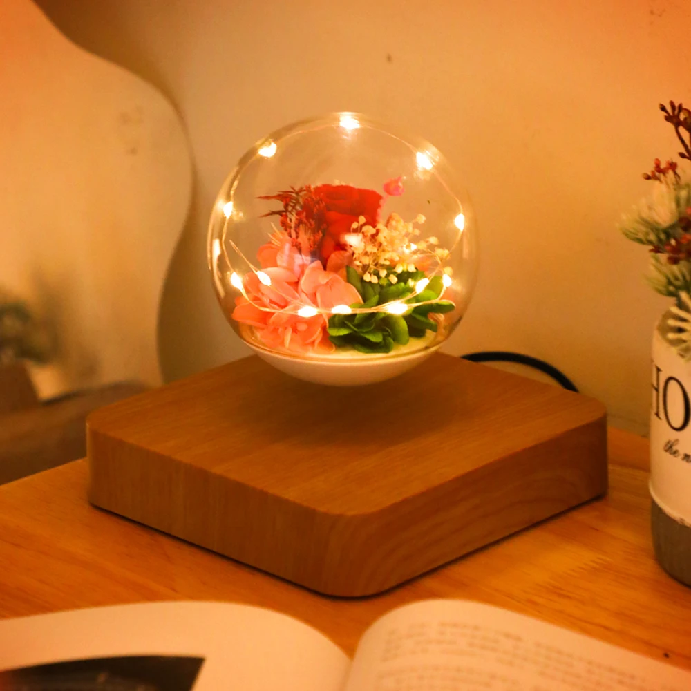 Magnetic Levitating Preserved Flower Rotation Flower Lamp Creative Floating LED Night Light For Home Desk Office Decoration