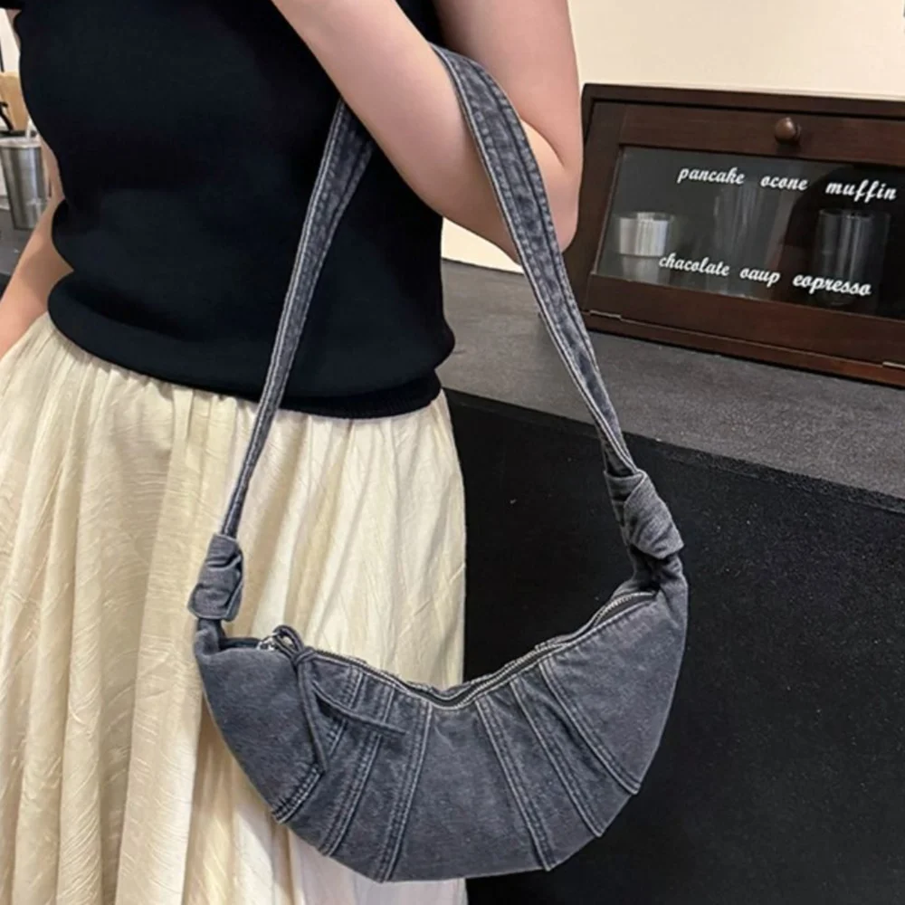 

Simple Vintage Croissant Crossbody Bag Large Capacity Casual Denim Canvas Bag Solid Color Handbag Jeans Canvas Bag Girl