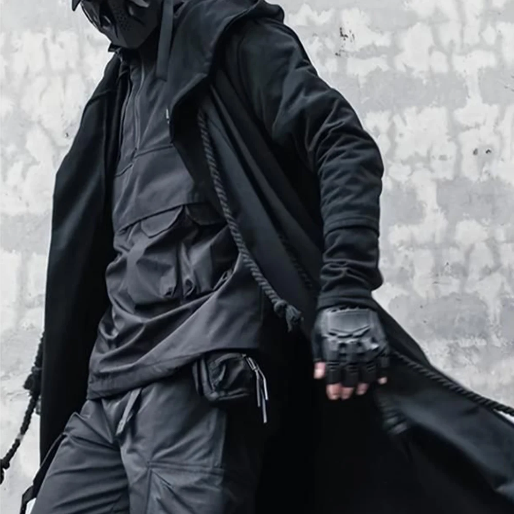 Mens Spring Cotton Trench Coat Dark Drawstring Casual Hooded Cape Streetwear Fashion Niche Versatile Top Men'S Wear 2026 New