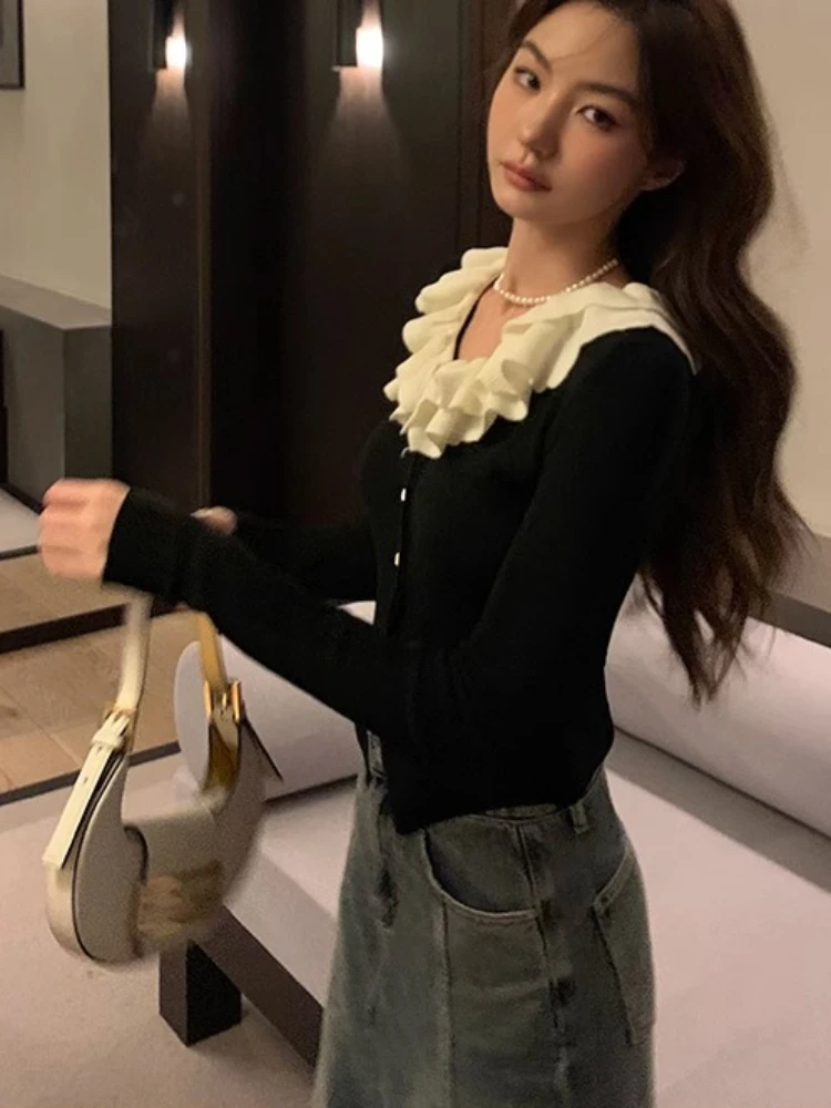 Ruffled Collar Cardigan Women Spicy Girl Korean Style Daily Simple Temperament Slouchy Elegant Tender Fit Stretchy Lady Clothes