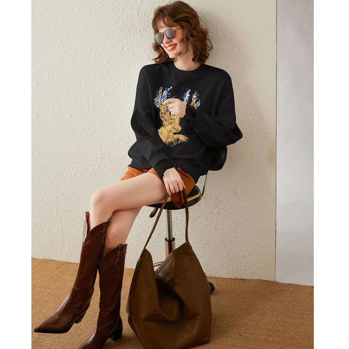 LOUIS YAO Women Hoodies 2023 Autumn Loose Round O Neck Long Sleeve Splicing Gauze Dropped Shoulder Sleeve Sequin Embroider Top