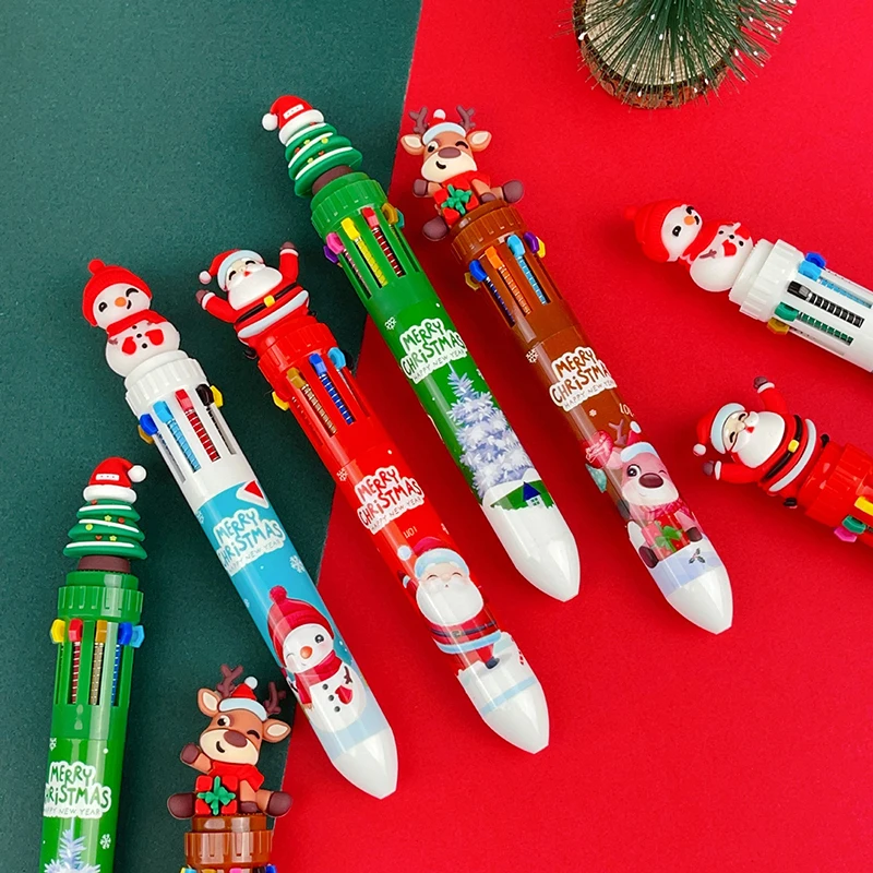 1Piece Christmas 10-color Ballpoint Pen Student Press Pen Color Pen Santa Claus Ballpoint Pen 0.5mm School Stationery Kids Gifts