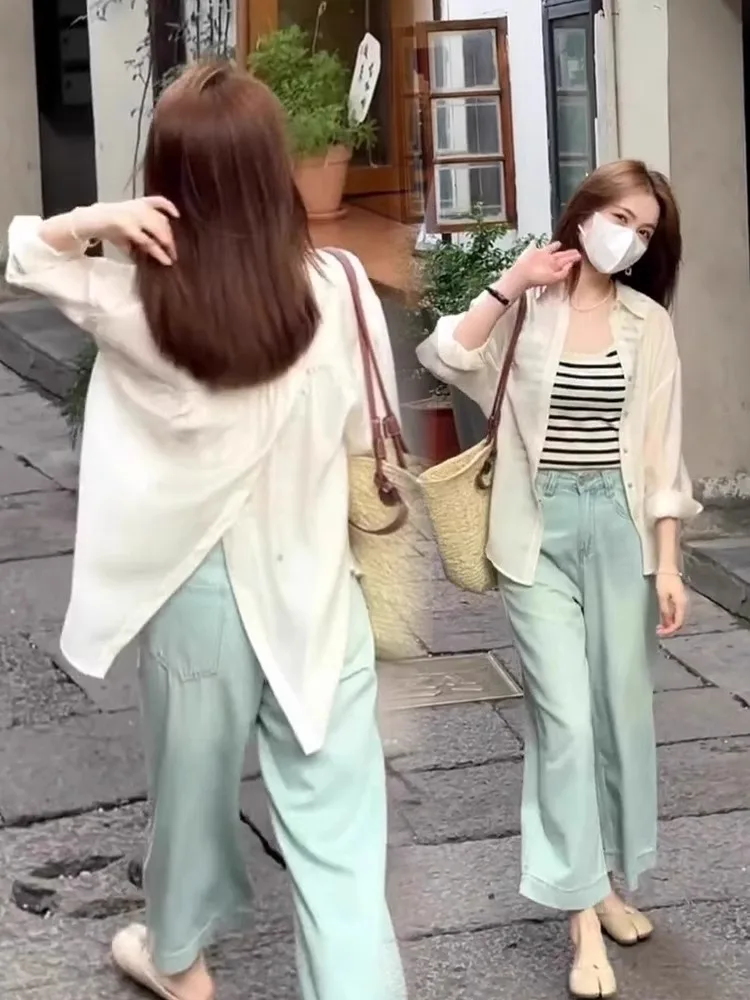 

Lightweight Sun Protection Long Sleeve Silk Shirt Women's Casual Design Back Split Top Summer New Style Korean Straight Cut