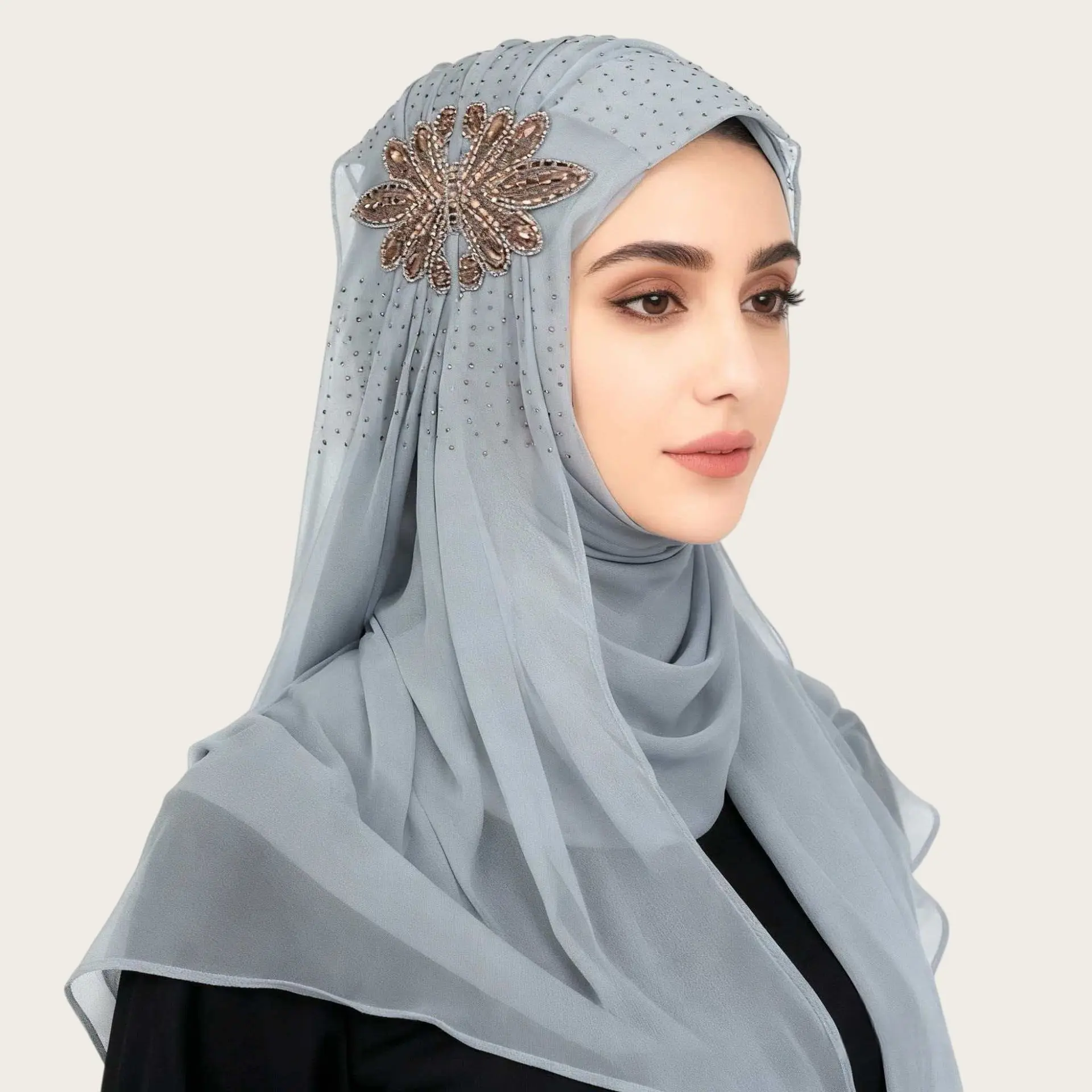 

Muslim Women's Hat Hijabs Soft Chiffon with Beading Ramadam Headscarf Party Luxury Versatile Scarf Dubai Black Hijab 70X170CM
