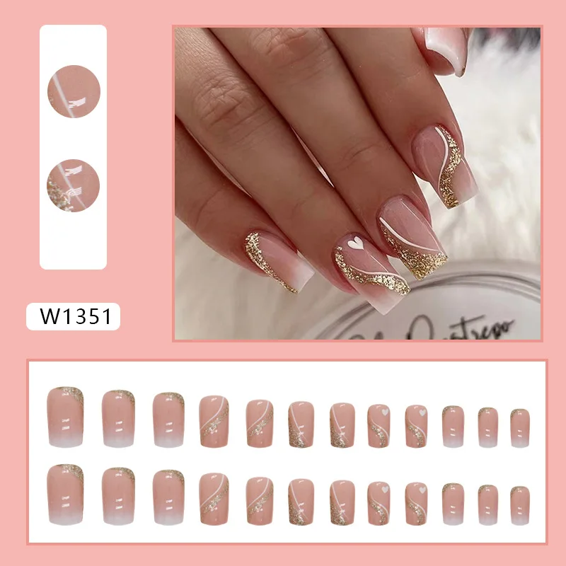 24 teile/satz mittellange Gold Glitter Gradient Herz Acryl Press Ons Nägel Quadrat billige Sommer Mädchen lange selbst klebende künstliche Nägel gesetzt