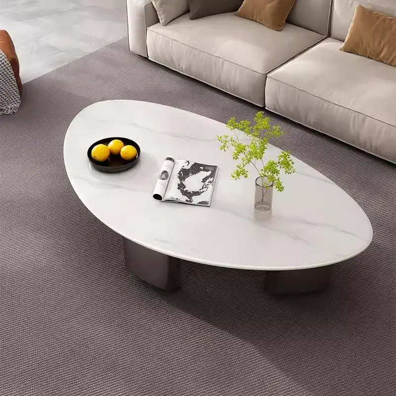 *Modern Minimalist Metal Frame Pebble Sintered Stone Eco-Friendly Durable Luxury Coffee Table for Villa Apartment Living Room