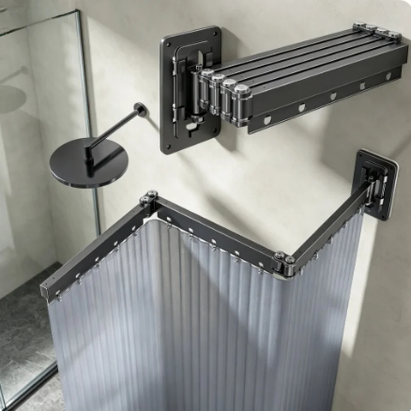 Wall‑Mount Folding Shower Curtain Rod, 3/4/5 Fold Adjustable Telescopic Rod for Bathroom, Clothing Store, Dressing Room