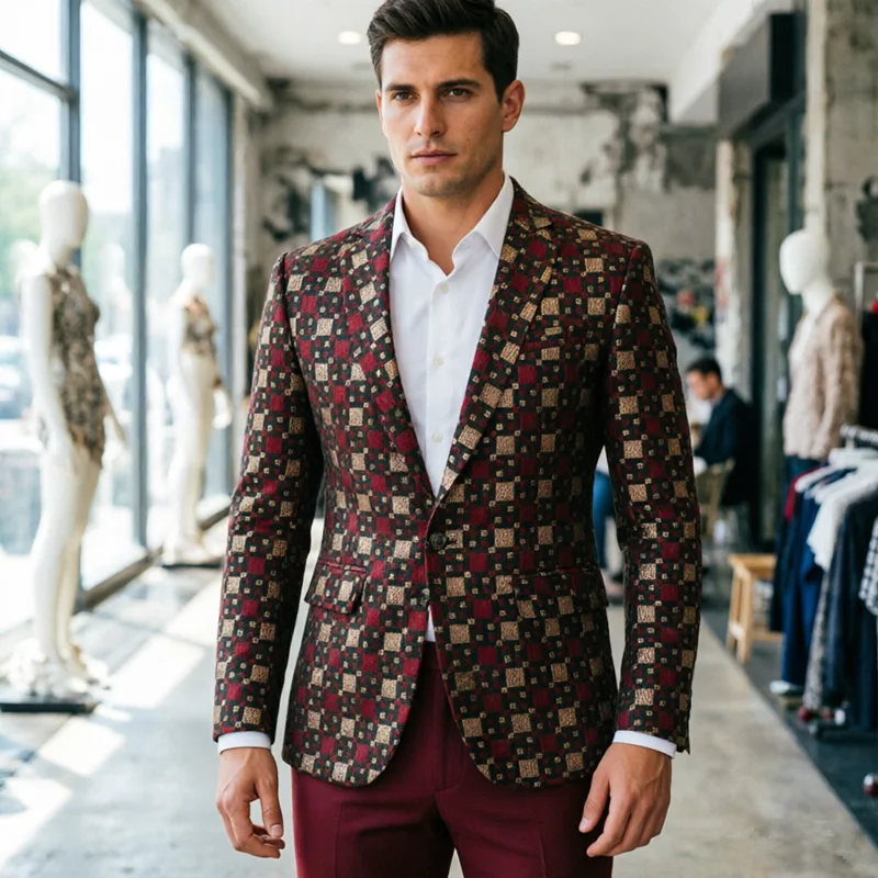 

New Men Luxury Jacquard Suit 2 Piece Red / Silver / Yellow Fashion Singer Host Bar KTV Stage Performance Dresses Set