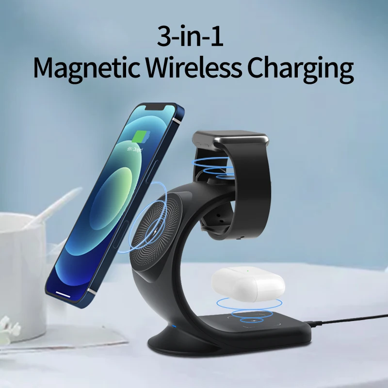 

OJD83 3-in-1 Magnetic Wireless Charger Stents 15W Quick Charge USB Mobile Phone Adapter Smart Vertical Watch Headset