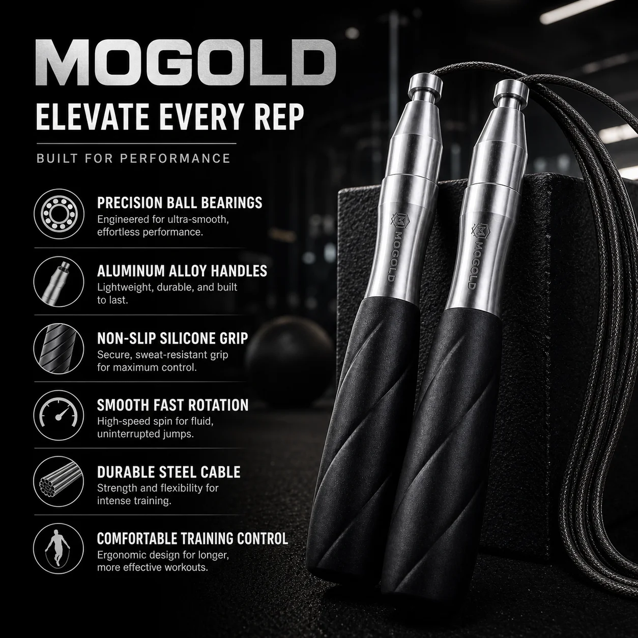 MOGOLD Premium Speed Rope | 360° Precision Bearing System with Anti-Slip Aluminum Handles for Home & Gym Workouts