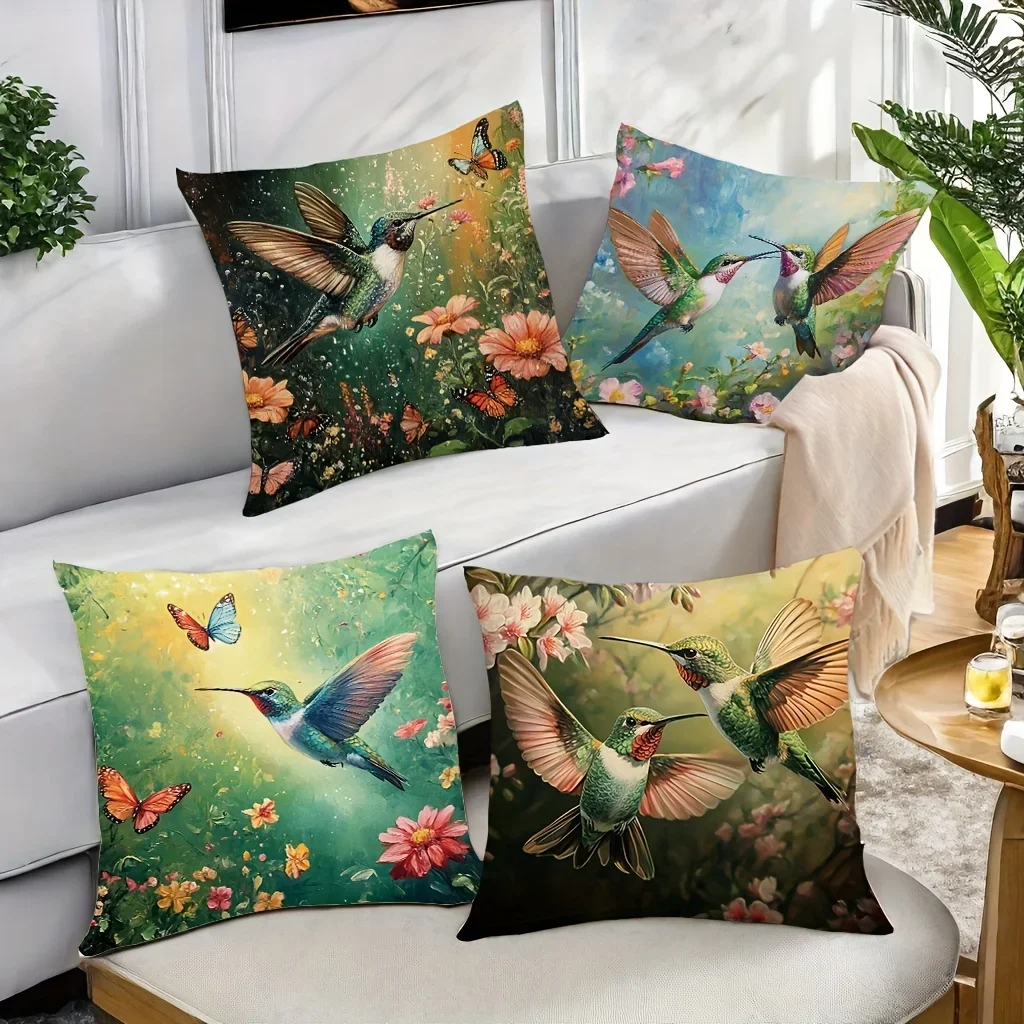 1/4pcs Hummingbird & Flower Printed Pillowcases Sofa cushion cover home bedroom room decoration