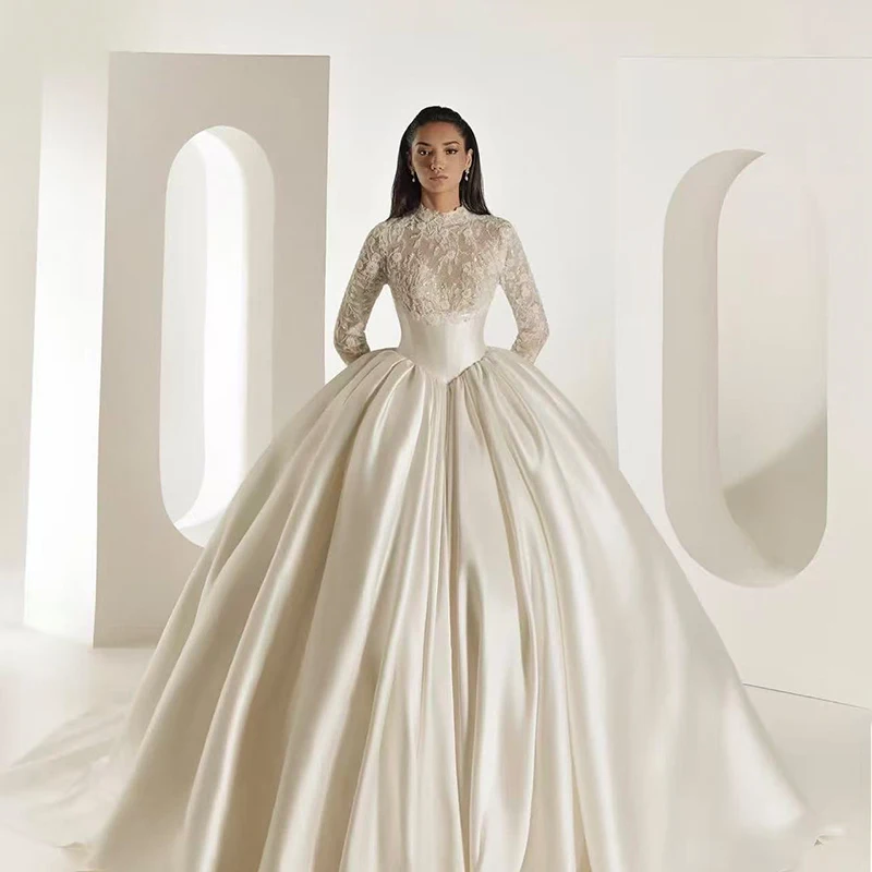 Anmutiges Hochzeitskleid aus Satin mit Stickerei und Perlenstickerei, Prinzessin-Ballkleid, hochgeschlossenes, langärmliges, maßgeschneidertes Brautkleid, Vestido De Novia