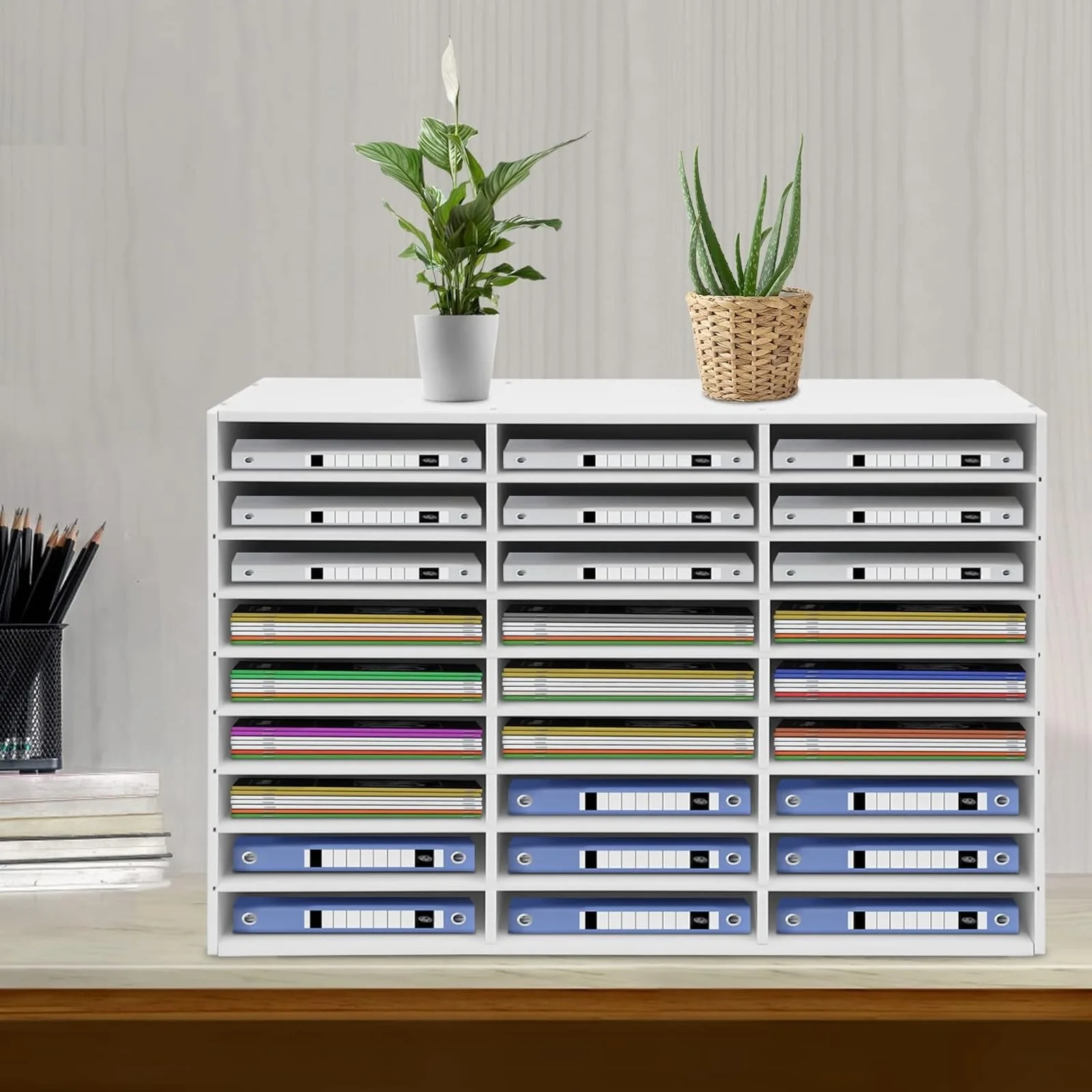 27-Slot Desktop Literature Organizer, Multi-Compartment File Sorter Paper Storage Cabinet, Mail Document Holder for Home Office School Classroom Use