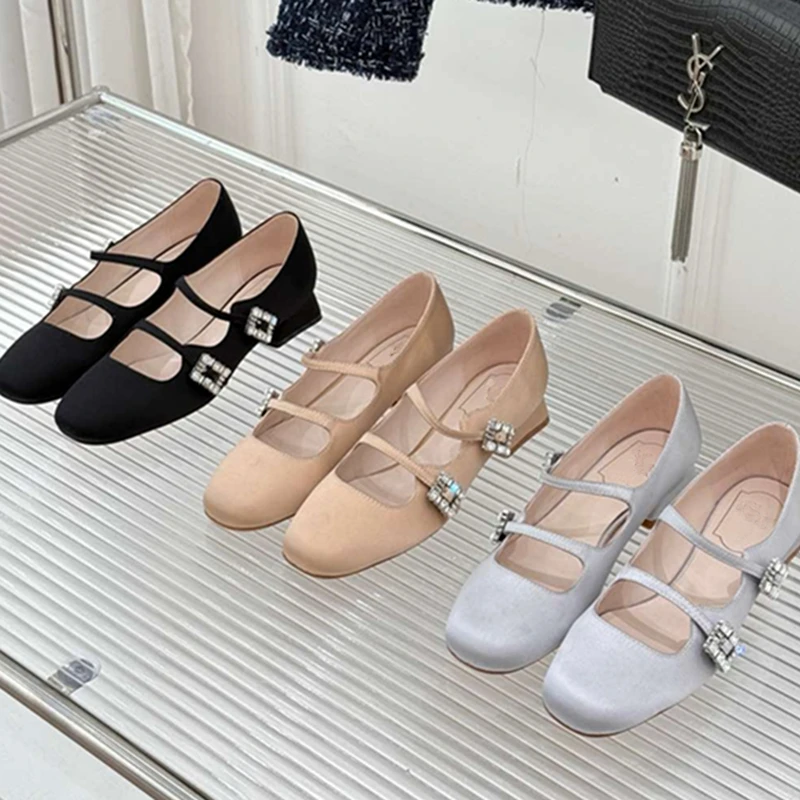 

Withered French Fashion Ladies Diamond Square Buckle Mary Jane Shoes Real Silk Satin Square Heel Shoes Sandals Women