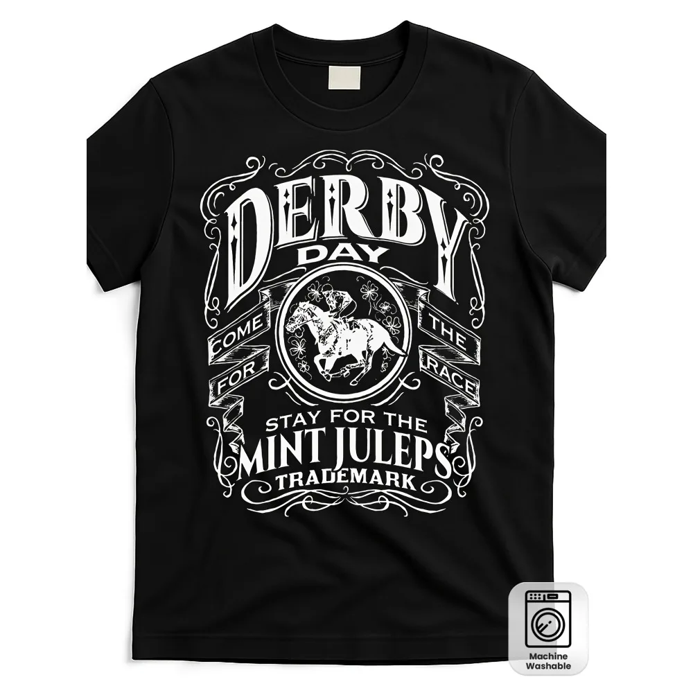 Derby Day & Mint Juleps Kentucky Horse Racing Graphic T-Shirt - Vintage Streetwear Style Unisex Cotton Tee with Jockey & Horse Design, Round Neck Short Sleeve for Men & Women, Machine Washable